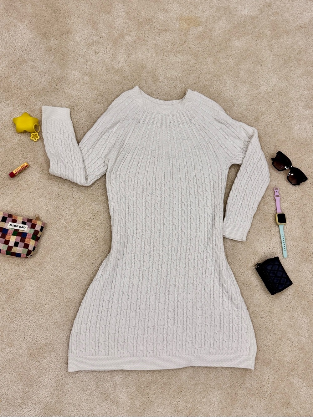 Classic Cable Knit Long Sleeve Sweater Dress - Cream